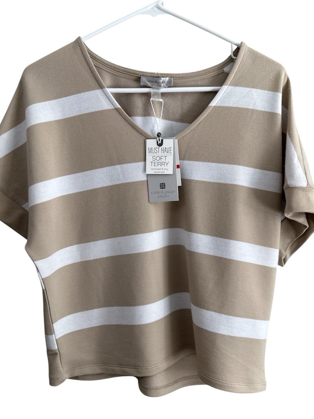Cable & Gauge Taupe & White Striped V-Neck Short Sleeve Top Size XS